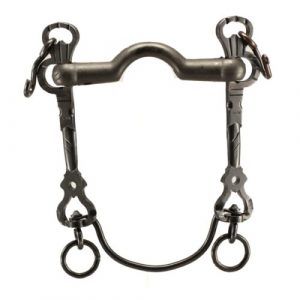 Bocado vaquero, pavonado, barra curva, embocadura suave cubierta de goma.